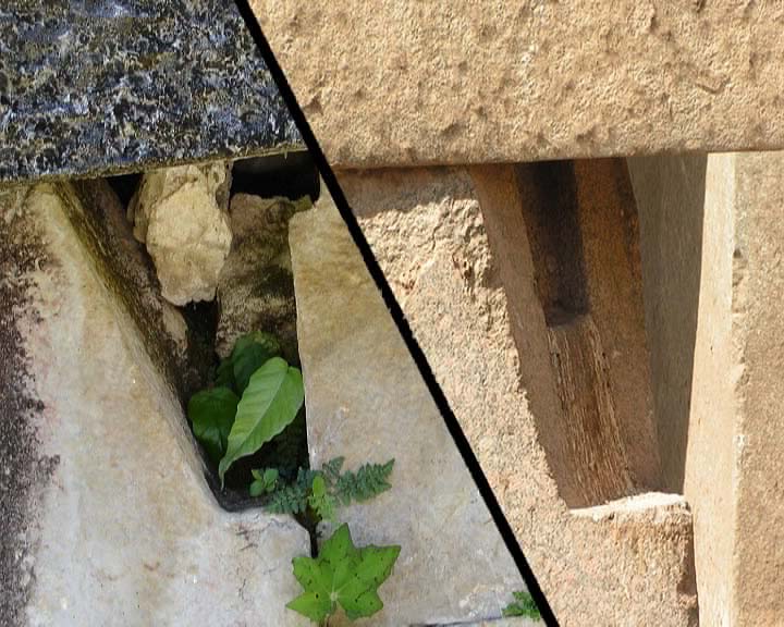 Вырез на углу блока (слева – Паленке, справа – Осирион)