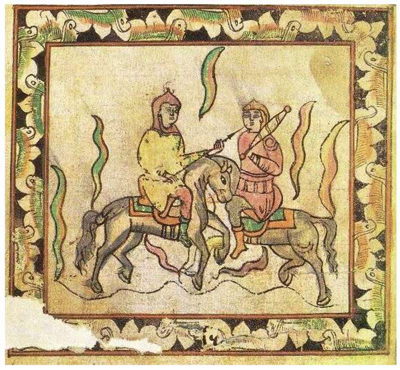 Поединок Пересвета с Челубеем. Миниатюра из сказания о Мамаевом побоище. 17 век
